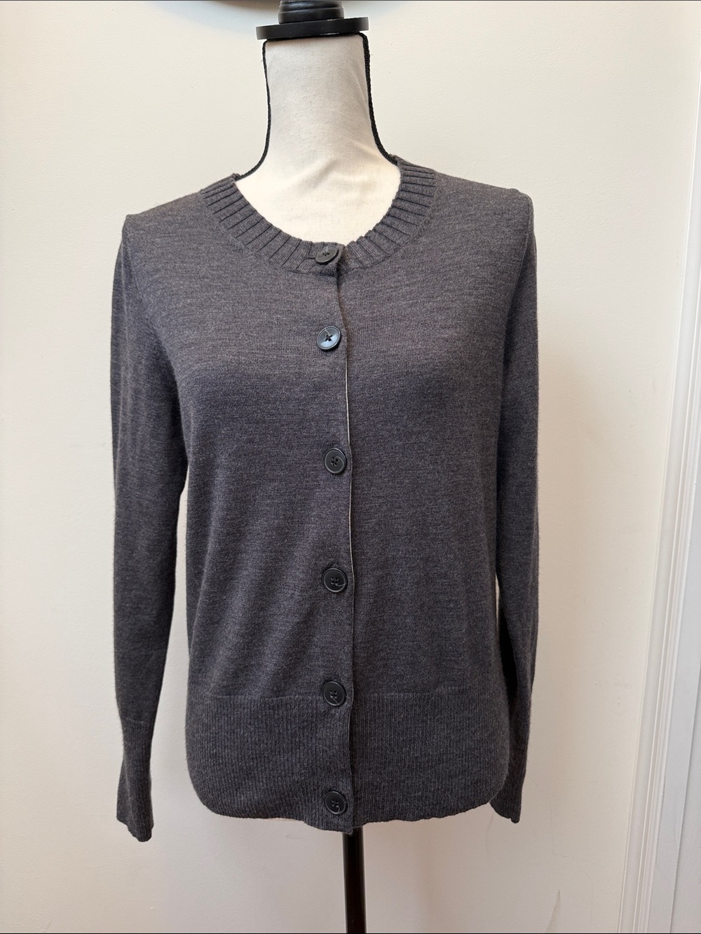 Banana Republic Women's Dark Charcoal Crewneck Button Cardigan